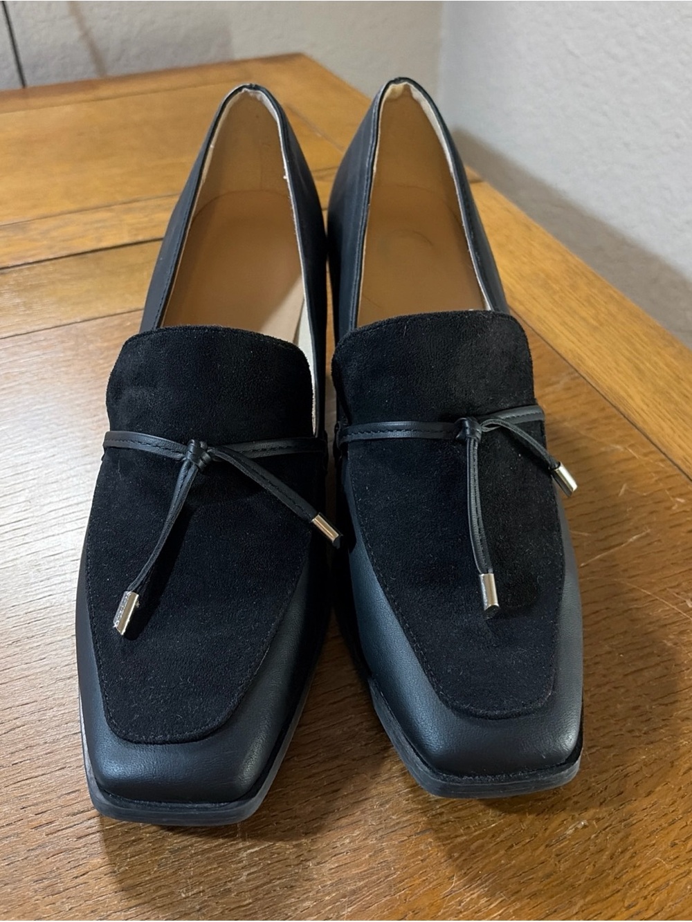 Journee Collection Black Faux Suede and Leather Square-Toe Tie Block Heels